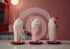ice sweet glass milkshake beverage cream retro cocktail pink drink. Generative AI.