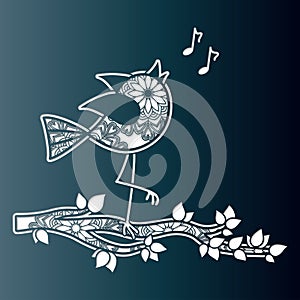 Sweet bird chirping on a tree branch. Vector template for laser