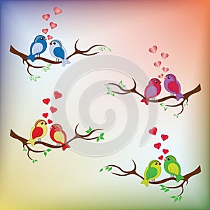 SWEET BIRDS WITH RED HEARTS ON TREE VECTOR SET WITH RAINBOW BACK