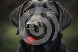 A sweet black labrador retriever with a red ball in his mouth. Generative AI.