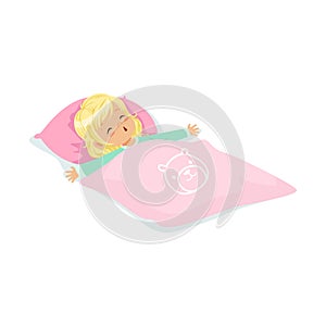 Sweet blonde little girl sleeping on her bed cartoon character vector illustration