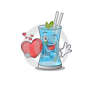 A sweet blue hawai cocktail cartoon character style holding a big heart