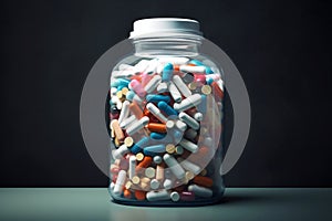 A sweet bottle of confectionery candy pills, sitting innocently on a shelf indoors, medicine colorful jar