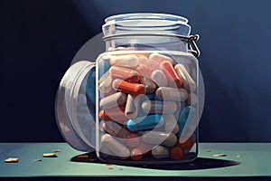 A sweet bottle of confectionery candy pills, sitting innocently on a shelf indoors, medicine colorful jar