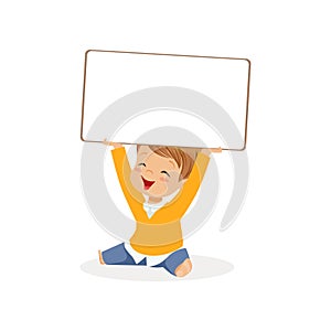 Sweet boy character holding white empty message board above his head, kid sitting with placard vector Illustration