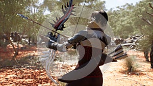 A sweet and brave huntress takes aim from a bow and shoots at her prey on an early sunny morning. Fantasy medieval