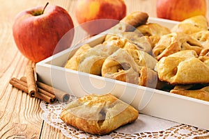 Sweet bread buns with apple filling.