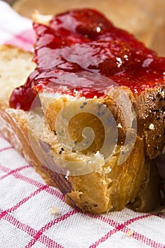 Sweet bread (challah) with strawberry jam