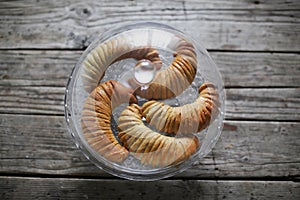 Sweet bread roll filled with fruit under glass dome, bakery