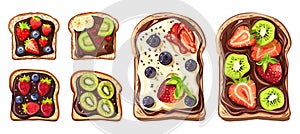 Sweet breakfast sandwiches top view. Sandwich with chocolate and peanuts paste, fruits and berries. Morning food, tasty