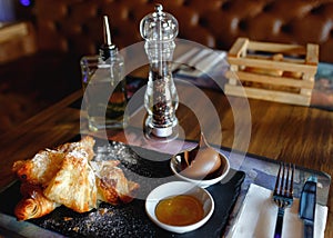 Brekfast served on the table in restaurant.