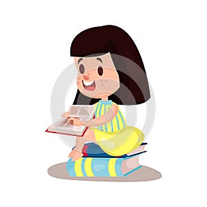 Sweet brunette girl reading a book sitting on a pile of books, education and knowledge concept, colorful character Illustra