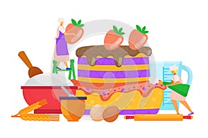 Sweet cake cooking, vector illustration. Tiny woman people character make dessert. Bakery pastry with strawberries