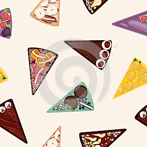 Sweet cake slices vector seamless pattern. Delicious desserts background. Confection with various toppings top view