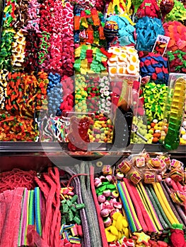 Sweet candies and colours in Boqueria Market, Barcelona, Spain