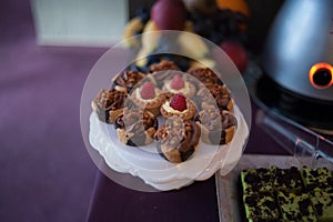 Sweet candy bar.Different delicious cake and fruits.