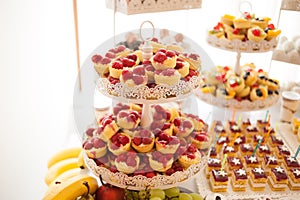 Sweet candy bar.Different delicious fruits and cakes on wedding reception table . photo