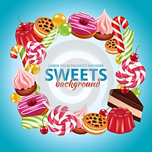 Sweet candy frame. Lollipop round and twisted shop colored dulce vector background realistic pictures