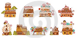 Sweet Candy House Made of Cookie Dough as Shaped Baked Confectionery Vector Set