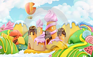 Sweet candy land. 3d vector cartoon background.