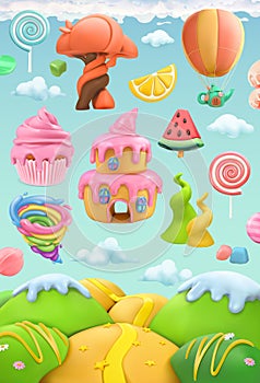 Sweet candy land. 3d vector object set.