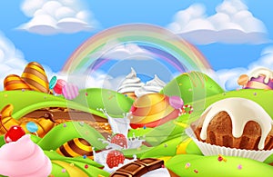 Sweet candy land. Cartoon game background. 3d vector