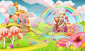 Sweet candy land. Cartoon game background. 3d vector