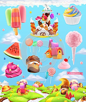 Sweet candy land, cartoon game background. 3d vector set