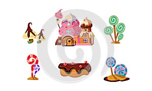 Sweet candy land, cute cartoon elements of fantasy landscape for mobile game design interface vector Illustration on a photo