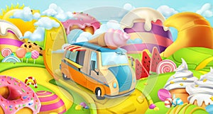 Sweet candy land. Ice cream truck. 3d vector background
