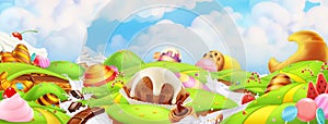 Sweet candy land. Panorama landscape, vector