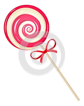 Sweet candy on stick. Realistic round swirl lollipop, striped delicious caramel, sugar kids dessert, yummy bonbon