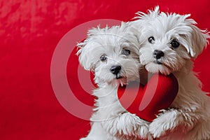 Sweet Canine Love: Adorable Dogs Holding Red Heart on Valentine\'s Day