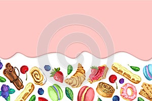 Sweet caramel background. pink glaze flowing down. Dripping ice cream or yogurt flow down. Vector illustration. banner with