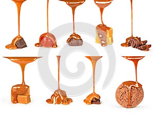 Sweet caramel sauce is poured on a chocolate bar, photo