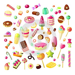 Sweet cartoon candy set. Collection of sweets, cartoon style. Jelly, candy, cakes, sweet donut and marmelade. Huge set