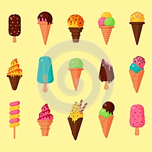 Sweet cartoon cold ice cream set and tasty frozen icecream collection vector delicious colorful desserts