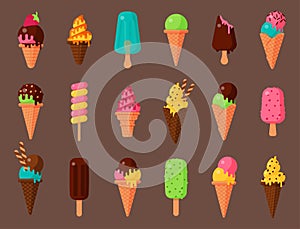Sweet cartoon cold ice cream set and tasty frozen icecream collection vector delicious colorful desserts