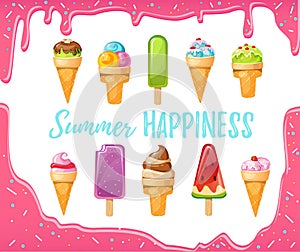 Sweet cartoon ice cream set with melted pink background. Vector colorful ice creams with inspirational inscription photo