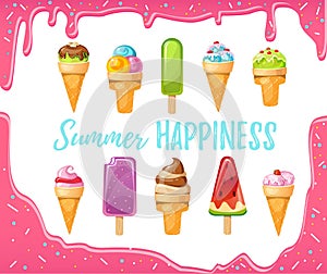 Sweet cartoon ice cream set with melted pink background. Vector colorful ice creams with inspirational inscription