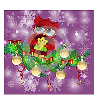 A sweet cartoon-like coquettish red owl with a Christmas present sits on a decorated with balls, bows, light-emitting