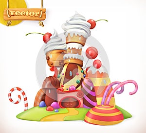 Sweet castle. Gingerbread house. 3d vector icon