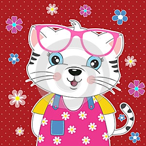 Sweet cat girl in sunglasses with a beautiful floral decoration.