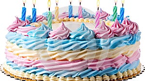 Sweet Celebration: Vibrant Birthday Cake with Lit Candles on White Background - This title captures the essence of a festive