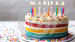 Sweet Celebration: Vibrant Birthday Cake with Lit Candles on White Background - This title captures the essence of a festive