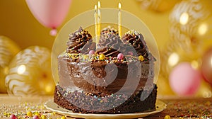 Sweet Celebrations: Festive Birthday Cake with Sweets, Candles, and Gold Balloon Fireworks on Yellow Background