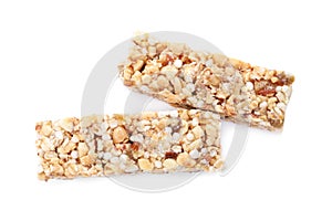 Sweet cereal bars isolated on white, top view