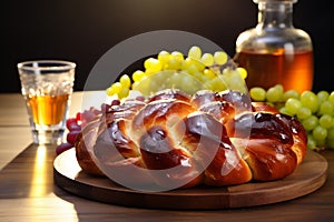 Sweet challah with raisins, Rosh Hashanah, celebration hashanah, traditional judaica dinner. Generative Ai content