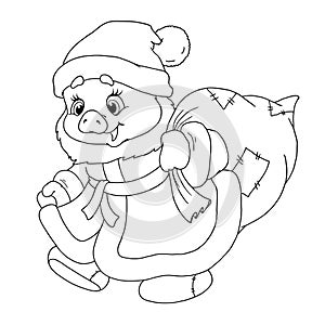 Sweet character of Santa`s pig. Piglet with gifts. Chinese horoscope. Happy New Year. Zodiac. Coloring book.