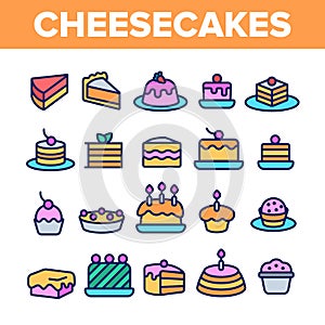 Sweet Cheesecakes, Bakery Linear Vector Icons Set